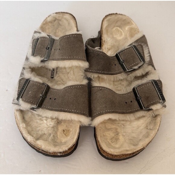 Birkenstock Shearling Sandals 39 Suede Leather Stone